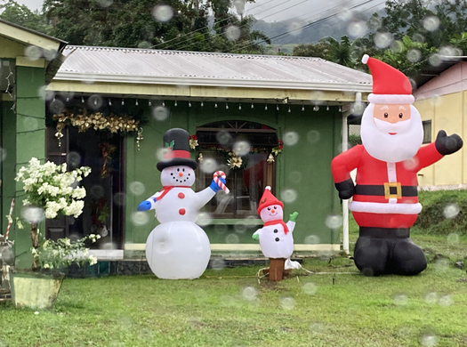 Blow-up Santa and Snowmen on a Lawn in the Rain