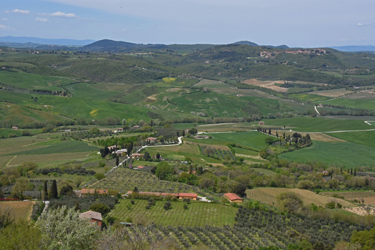 green hills with farms and vinyards